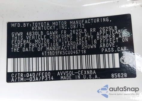 2012 Toyota Camry Hybrid Le из США, поврежденный, VIN 4T1BD1FK5CU046718